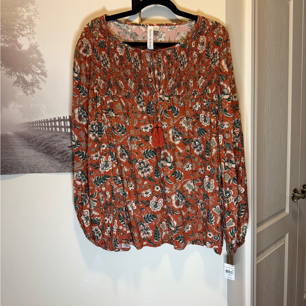 Grace and Karma Boho Floral Tassel Tie Blouse NWT 1X $26
